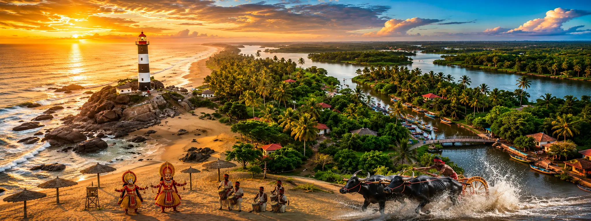Catamaran sailing past a nearby island at sunset