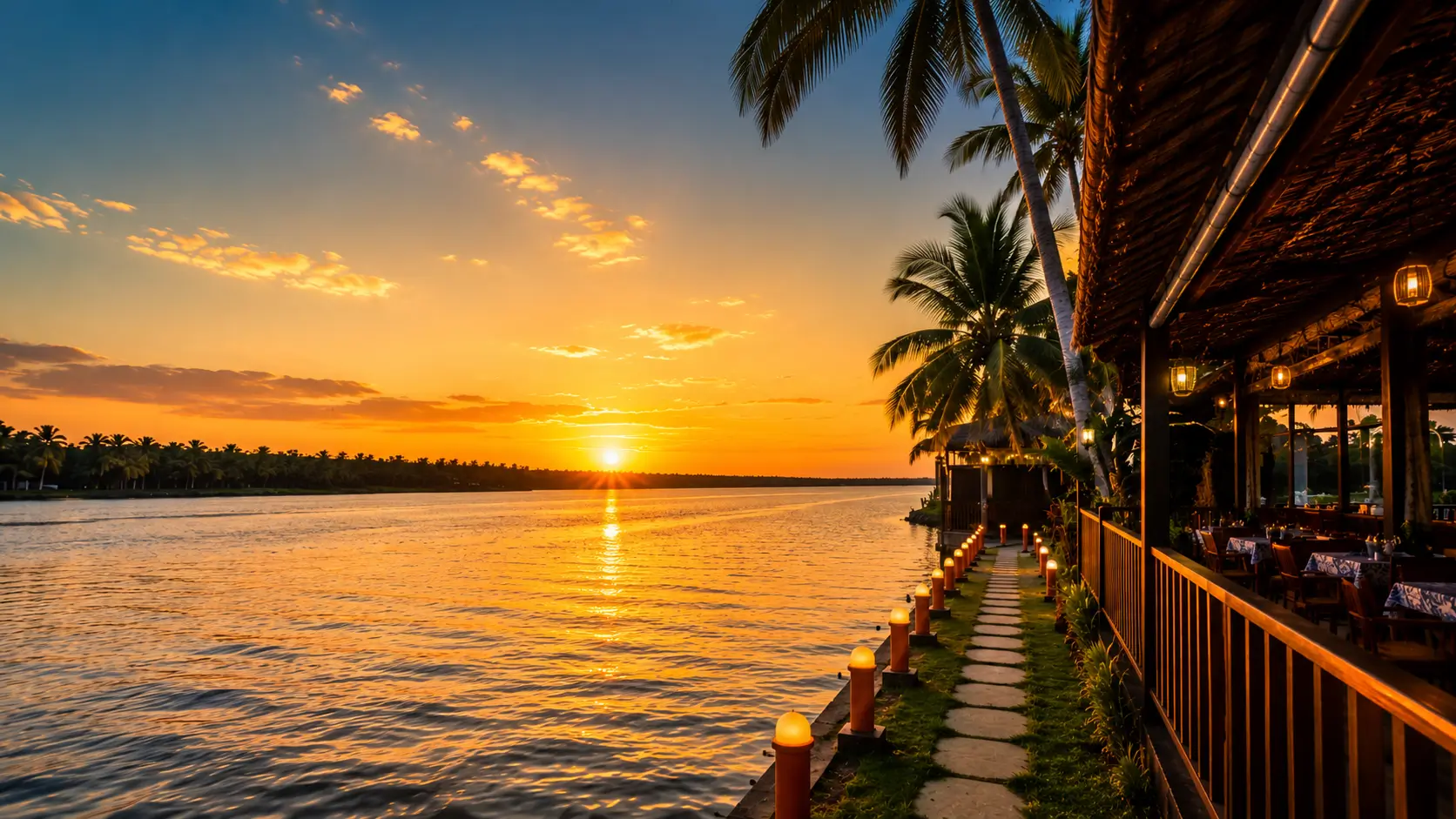 Speedboat approaching the Kaustuba jetty at sunset
